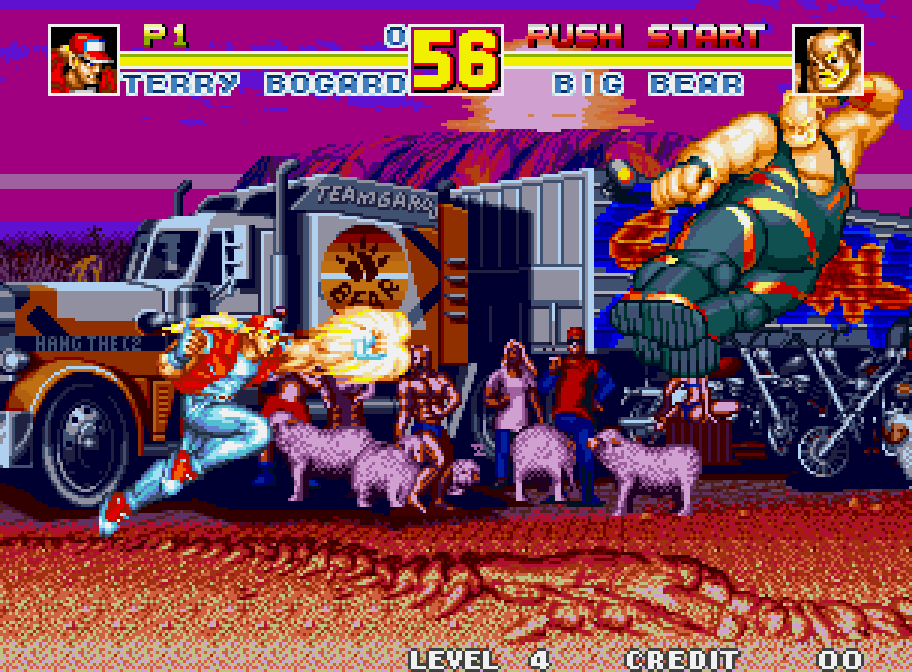 Terry Bogard faces an opponent in front of a truck in Fatal Fury Special on Neo Geo