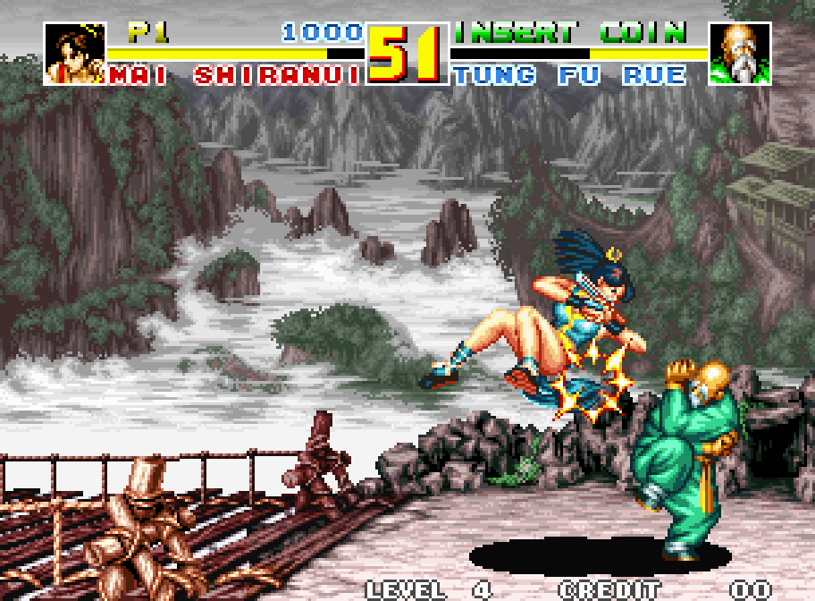 Mai Shiranui attacks Tung Fu Rue at the foot of a waterfall in Fatal Fury Special