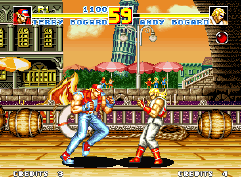 Terry and Andy Bogard face off in front of the Pisa tower in Fatal Fury Special on the Neo Geo