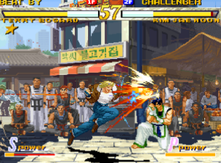 Fighting in front of a crowd in a lively street in Garou: Mark of the Wolves on Neo Geo