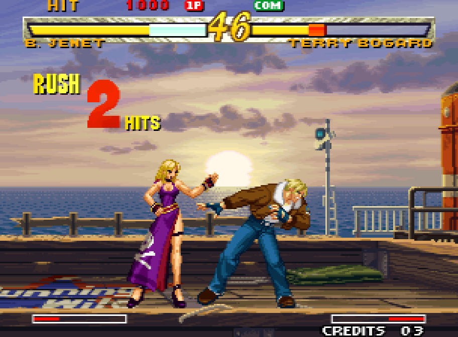 Rock Howard faces an opponent at sunset in Garou: Mark of the Wolves