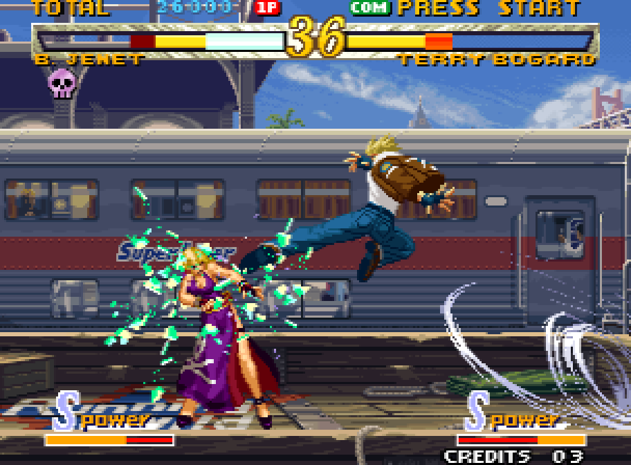 Terry Bogard fights on the roof of a train in Garou: Mark of the Wolves on Neo Geo