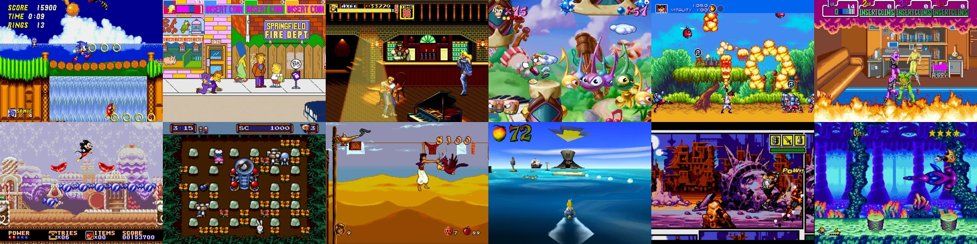 Bannière GearOne Magazine, the retrogaming blog Retrogaming blog banner: mosaic of Sonic 2, The Simpsons, Streets of Rage 2, Rayman and Aladdin