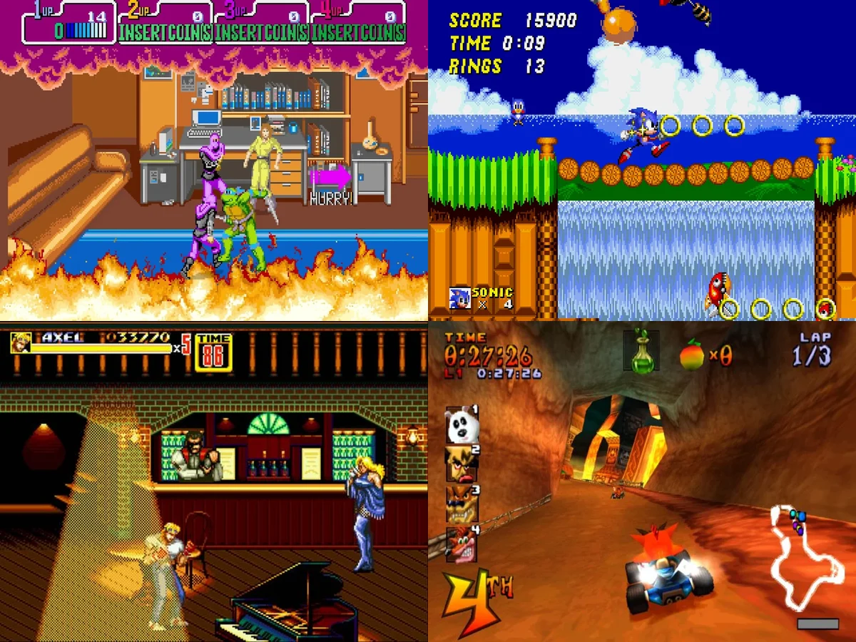 Mosaïque de jeux rétro, de l'arcade à la PlayStation : Tortues Ninja, Sonic 2, Streets of Rage 2 et Crash Team Racing
