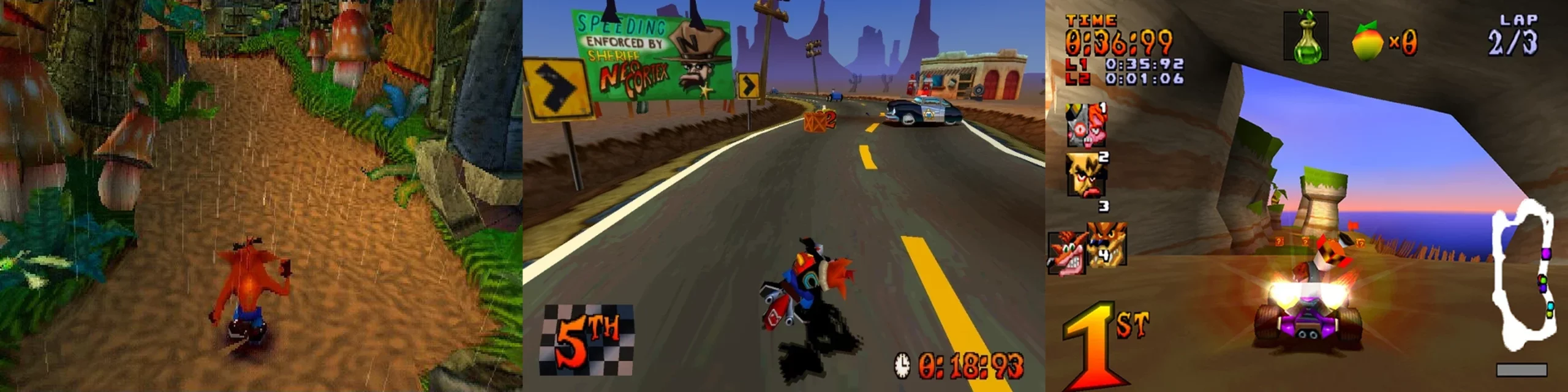 Screenshots of Crash Bandicoot 2, Crash Bandicoot 3: Warped and Crash Team Racing on PlayStation