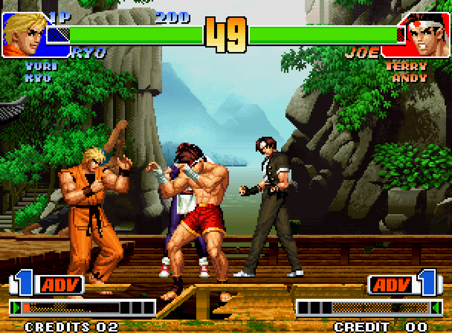 Two fighters clash in front of a village in The King of Fighters '98 on the Neo Geo