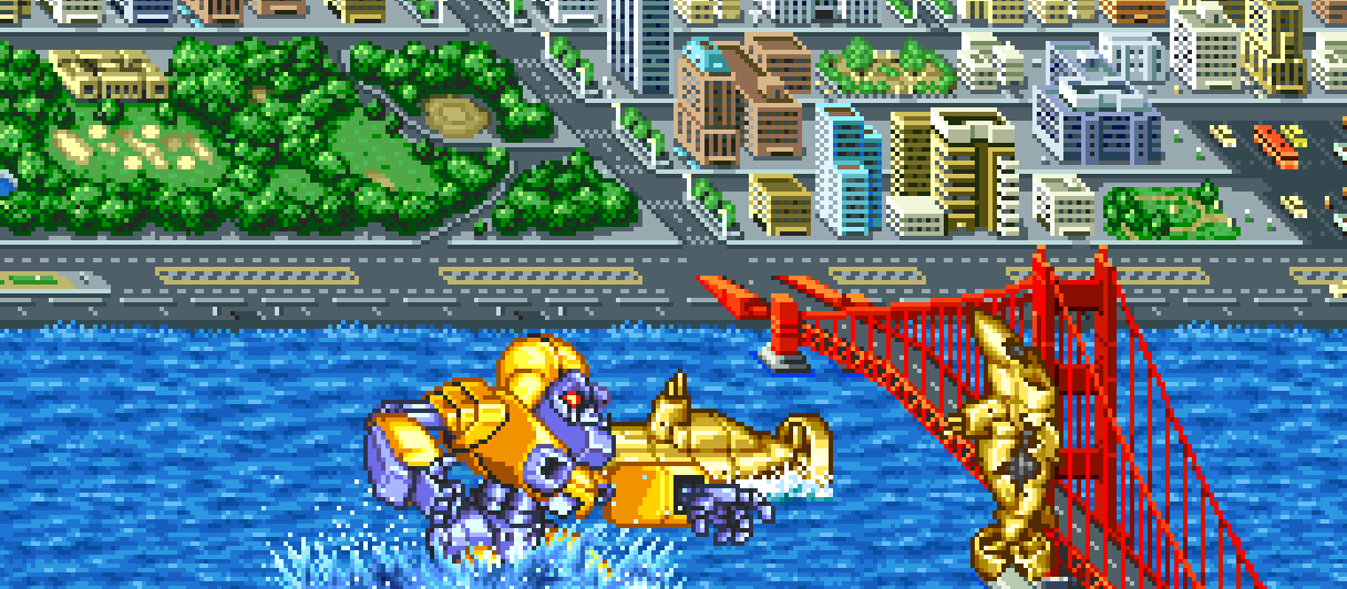 Two giant monsters clash in the bay, near a large red bridge, in King of the Monsters 2 on the Neo Geo