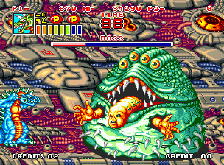 A monster faces a giant boss with a huge mouth in King of the Monsters 2