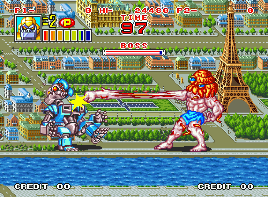 Giant monster fight in front of the Eiffel Tower in King of the Monsters 2 on Neo Geo