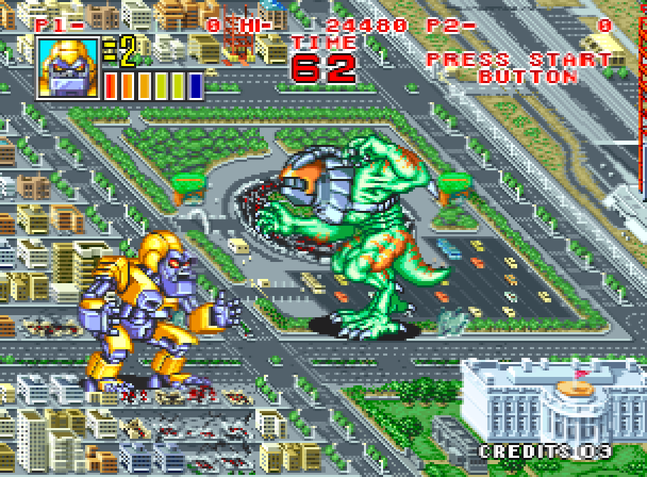 A giant monster faces a dinosaur in the middle of a city in King of the Monsters 2 on the Neo Geo