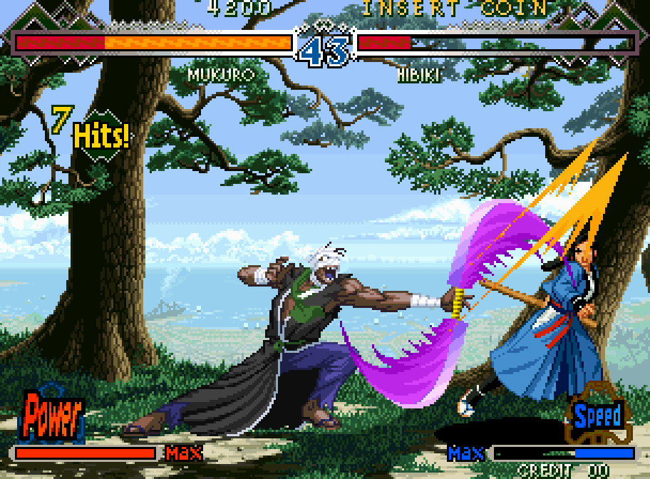 Mukuro strings seven shots against Hibiki under the pines in The Last Blade 2