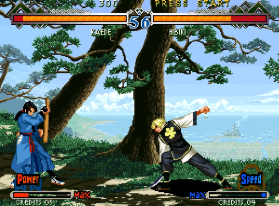 Two fighters clash under the pines, by the sea, in The Last Blade 2 on the Neo Geo