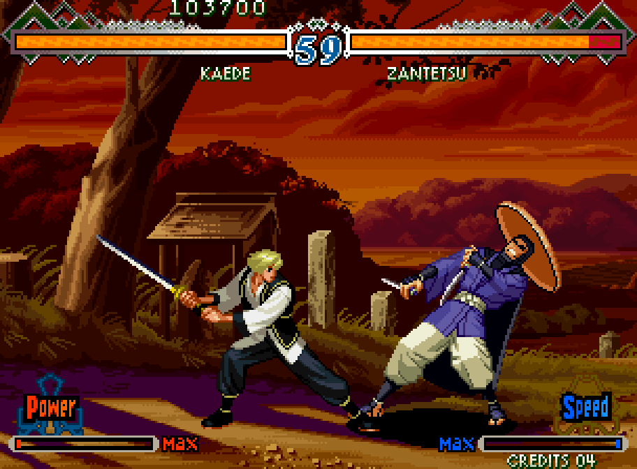 Kaede and Zantetsu clash in the twilight in The Last Blade 2 on the Neo Geo
