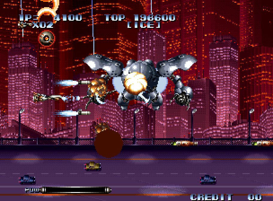 The ship faces a mechanical boss above a city at night in Last Resort on Neo Geo