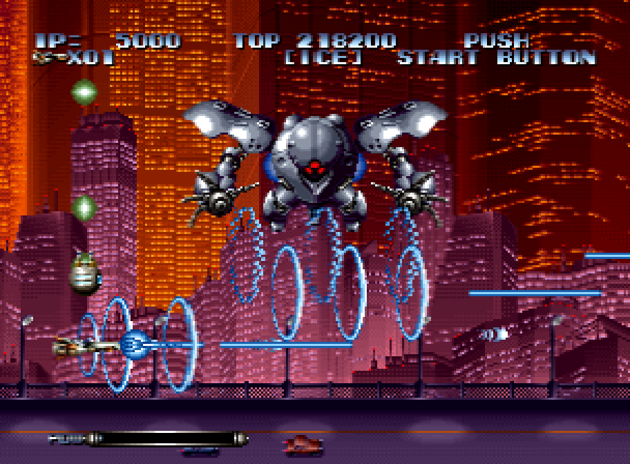 The ship fights over a futuristic city in Last Resort on Neo Geo