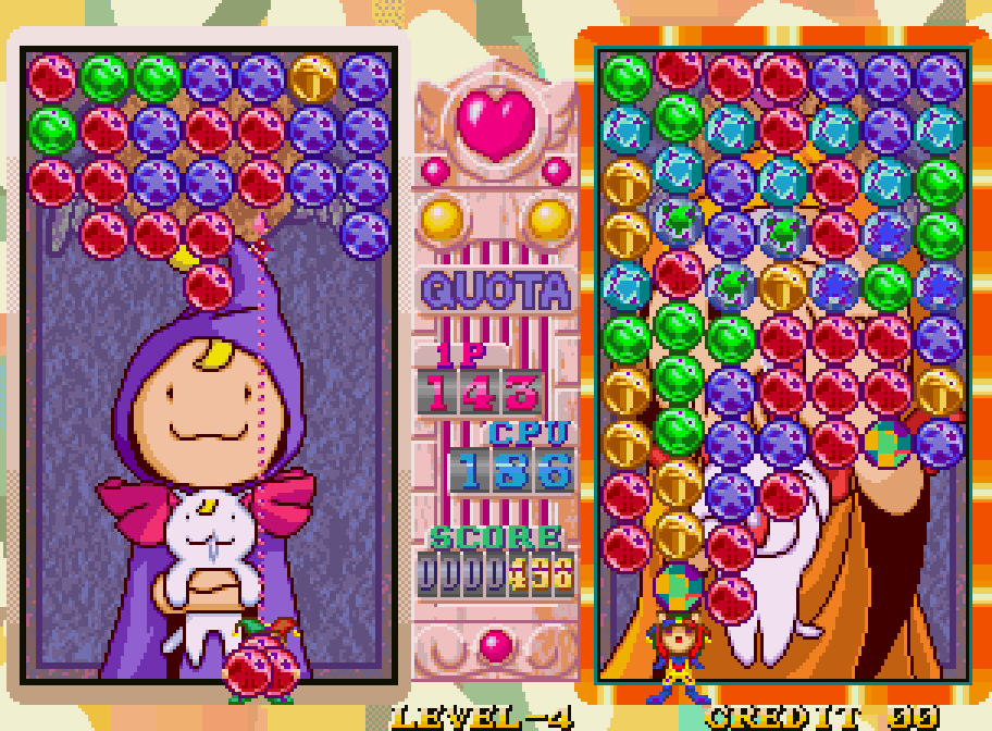 Colorful bubble duel on shared screen in Magical Drop III on Neo Geo
