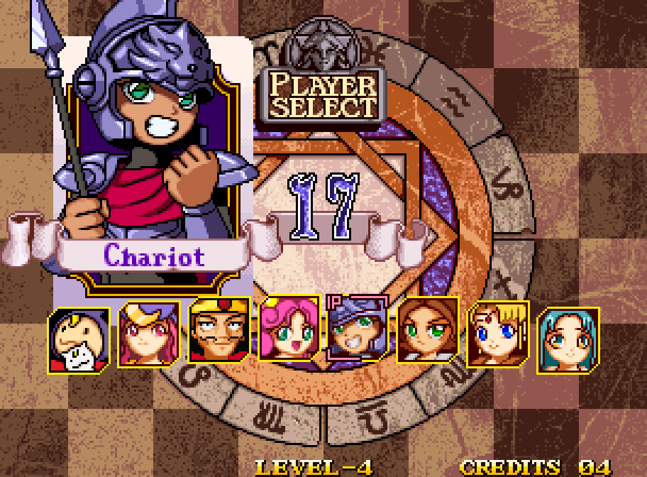 The character selection screen inspired by tarot cards in Magical Drop III