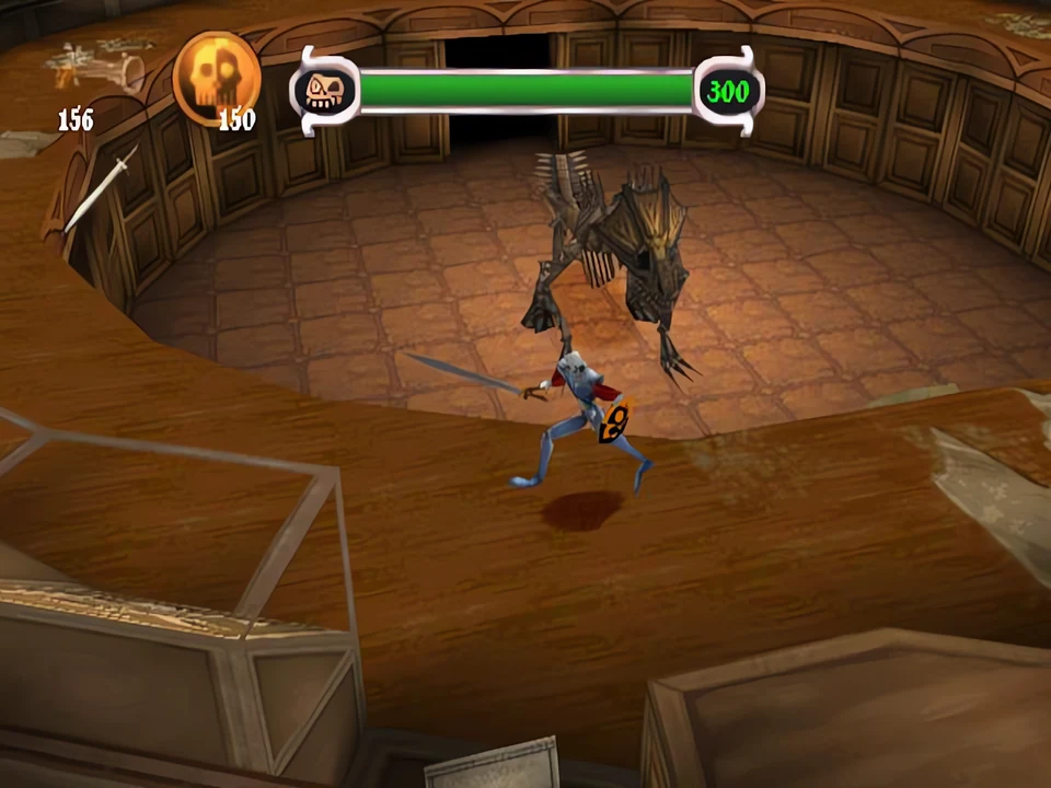 MediEvil 2 PS1: a fight in the arena Sir Daniel faces a creature in the center of a circular arena in MediEvil 2