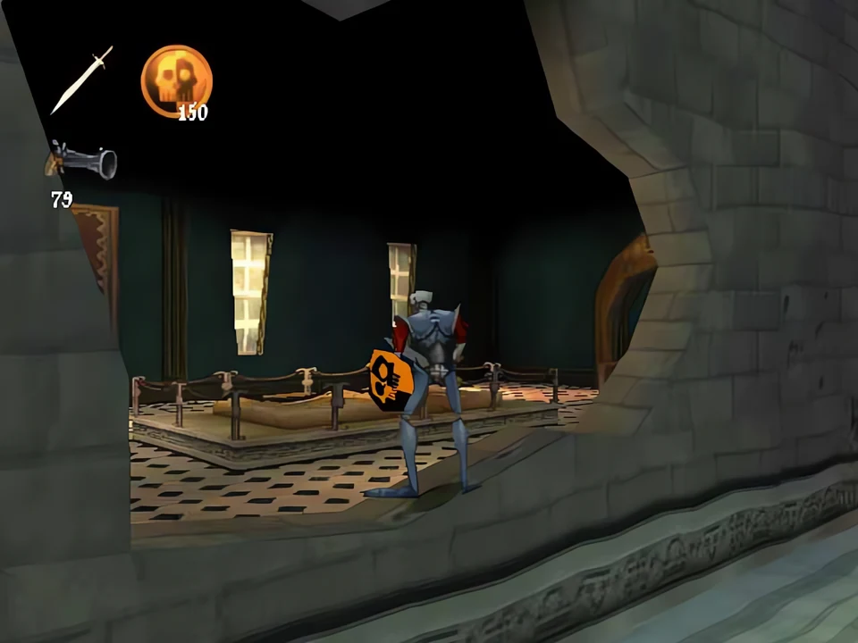 MediEvil 2 PS1: an exhibition gallery Sir Daniel with his shield in an exhibition hall of MediEvil 2
