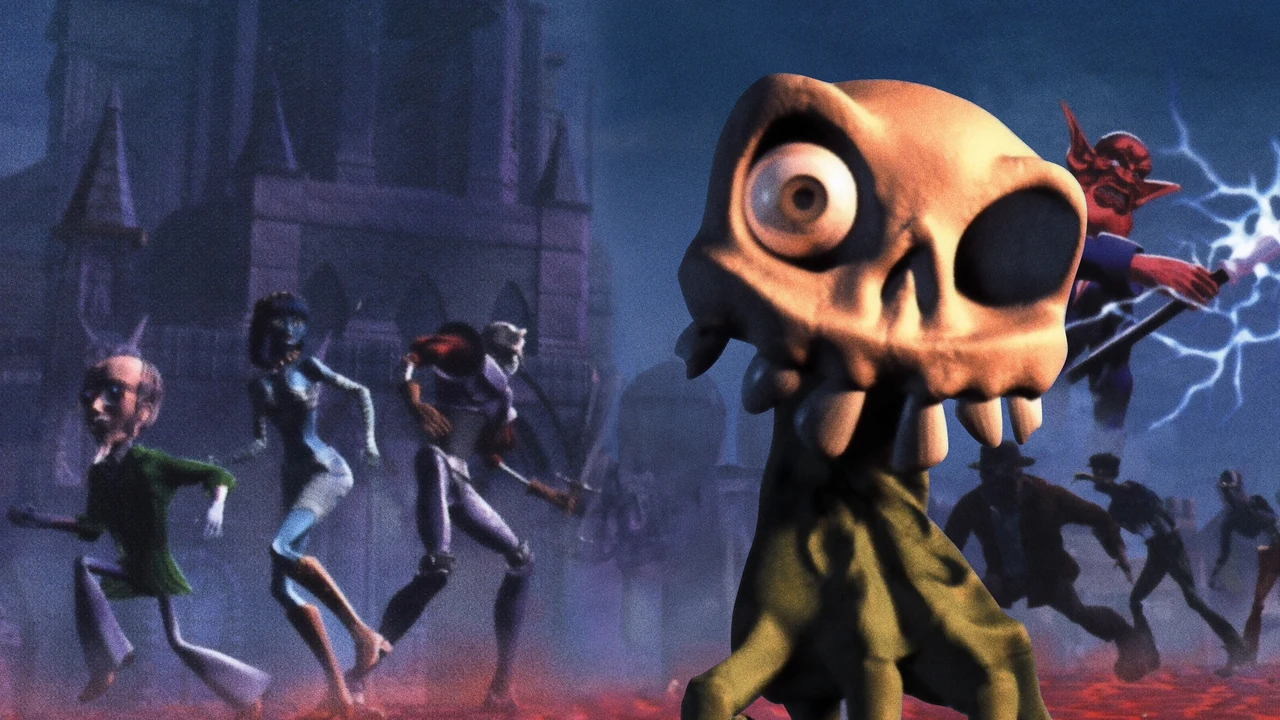 MediEvil 2 (PS1) – illustration of London Illustration from MediEvil 2: Dan-main, Princess Kiya and zombies in the streets of London