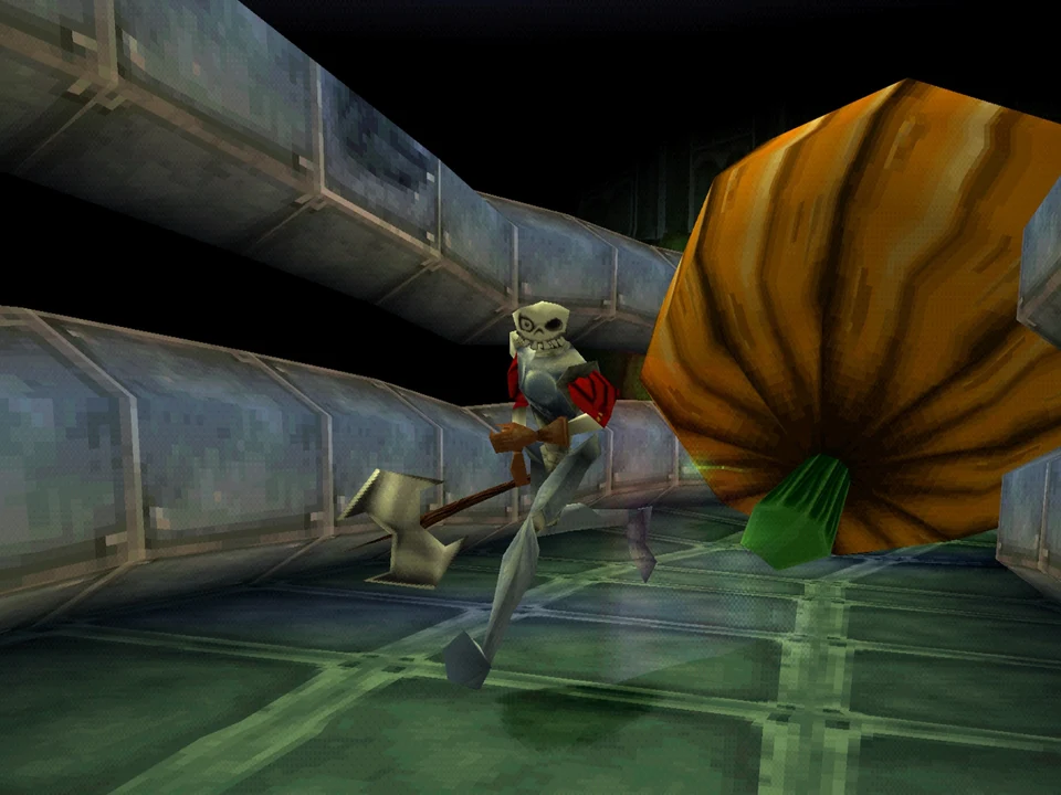 MediEvil 2 (PS1) – Kew Gardens Dan, with a hammer in hand, facing the giant pumpkins in the greenhouses (MediEvil 2, PS1)