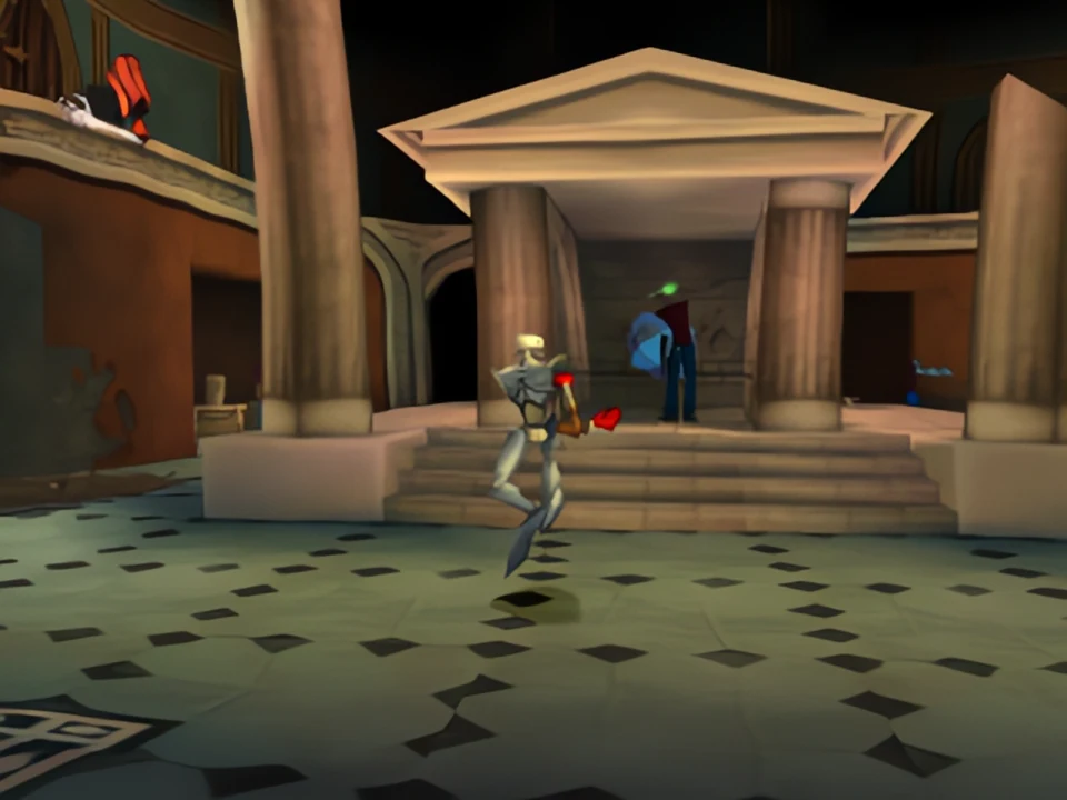 MediEvil 2 PS1: the museum Sir Daniel in front of a tomb displayed in the museum at the beginning of MediEvil 2