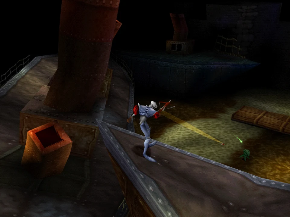 MediEvil 2 PS1: Dan armed in the streets of London Sir Daniel, pistol in hand, on the quays of London at night in MediEvil 2