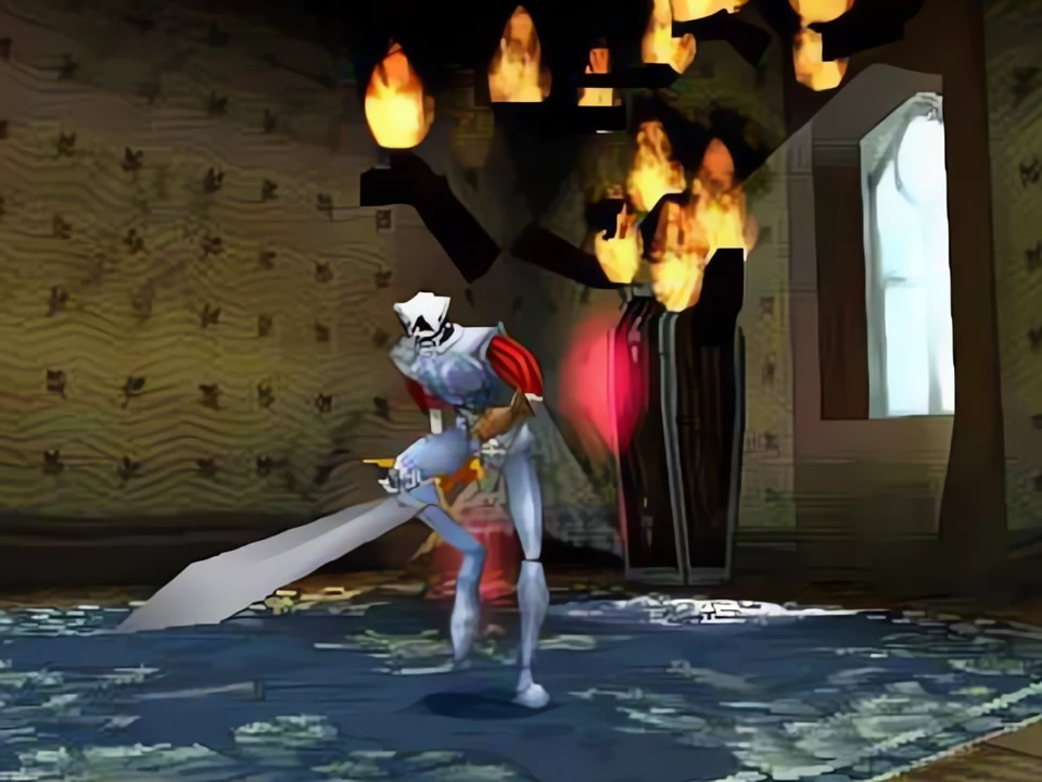 MediEvil 2 PS1: a room on fire Sir Daniel brandishes his sword in a fiery room from MediEvil 2