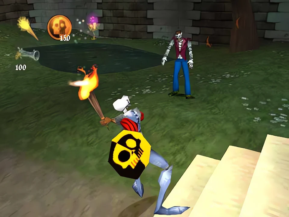 MediEvil 2 (PS1) – Gameplay The torch ignites the enemies, one of the novelties of MediEvil 2 (MediEvil 2, PS1)