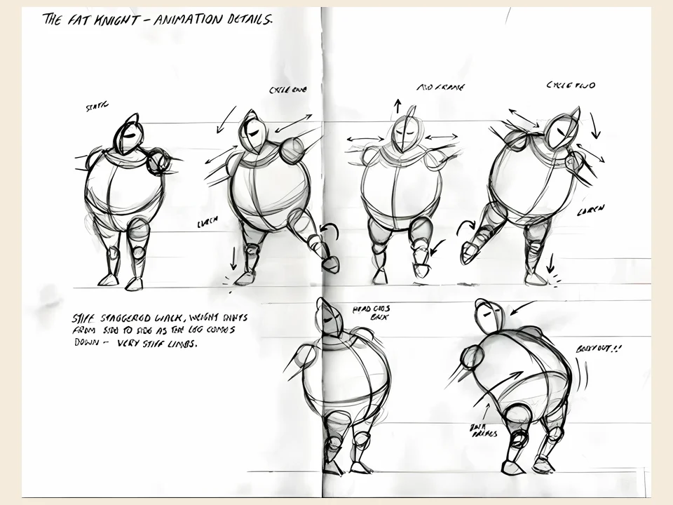 MediEvil (PS1) – production sketch Production sketch of MediEvil: the animation steps of a knight