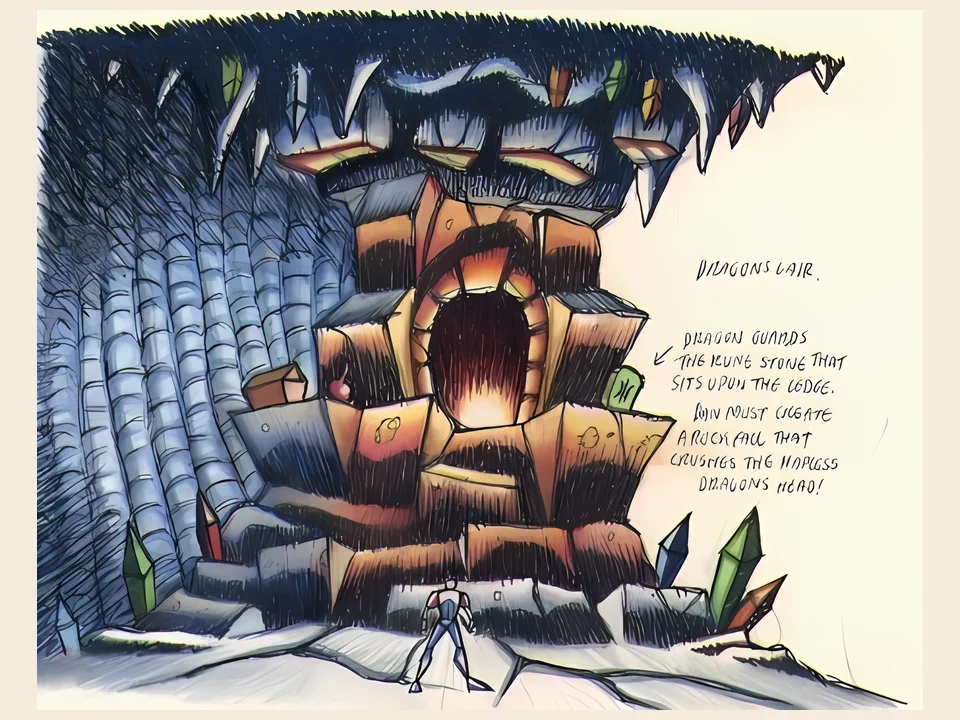 MediEvil (PS1) – production sketch Production sketch of MediEvil: the lair of the dragon of the crystal caves