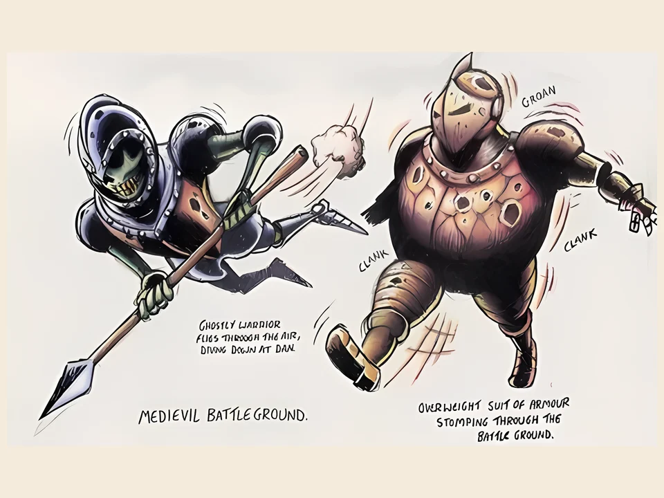 MediEvil (PS1) – production sketch Production sketch for MediEvil: a giant and a big knight in armor