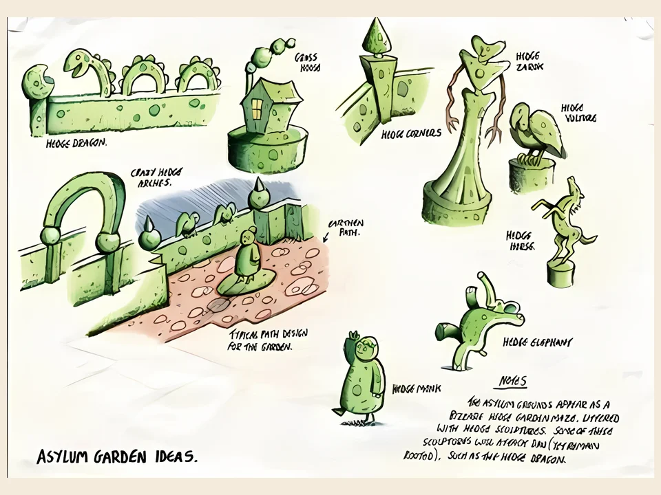 MediEvil (PS1) – production sketch Production sketch of MediEvil: the hedges sculptures in the asylum park, on paper
