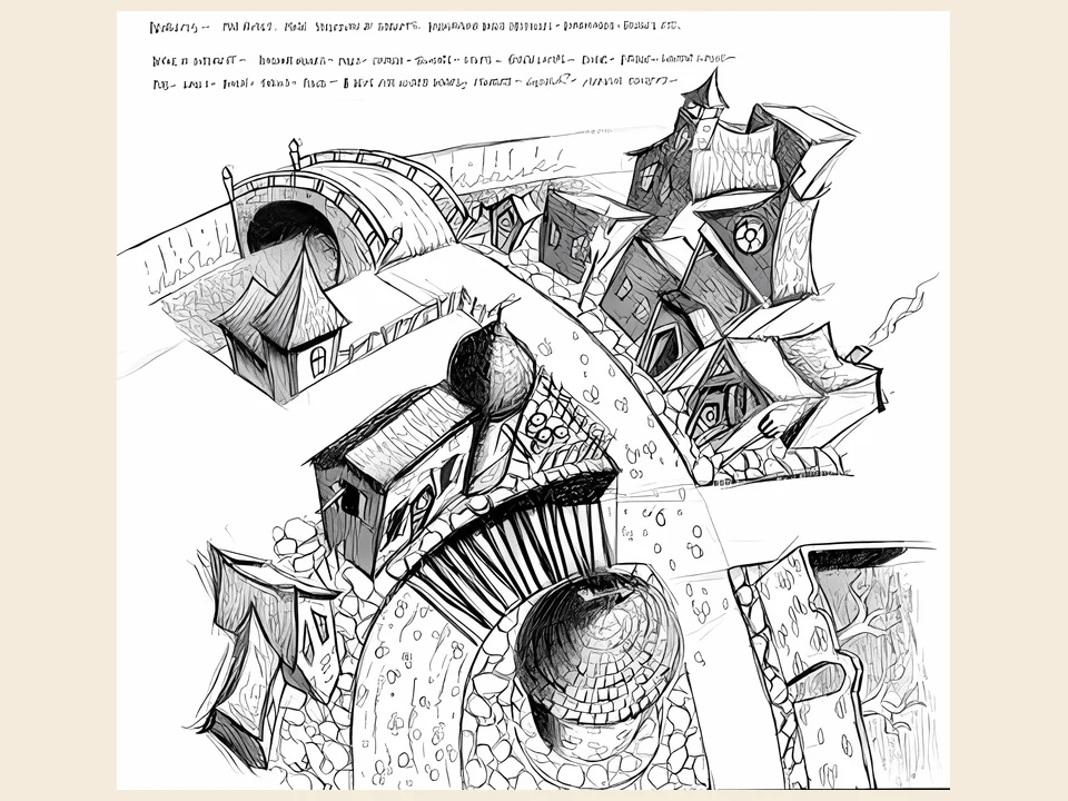 MediEvil (PS1) – production sketch Production sketch for MediEvil: the village, drawn before being modeled in 3D