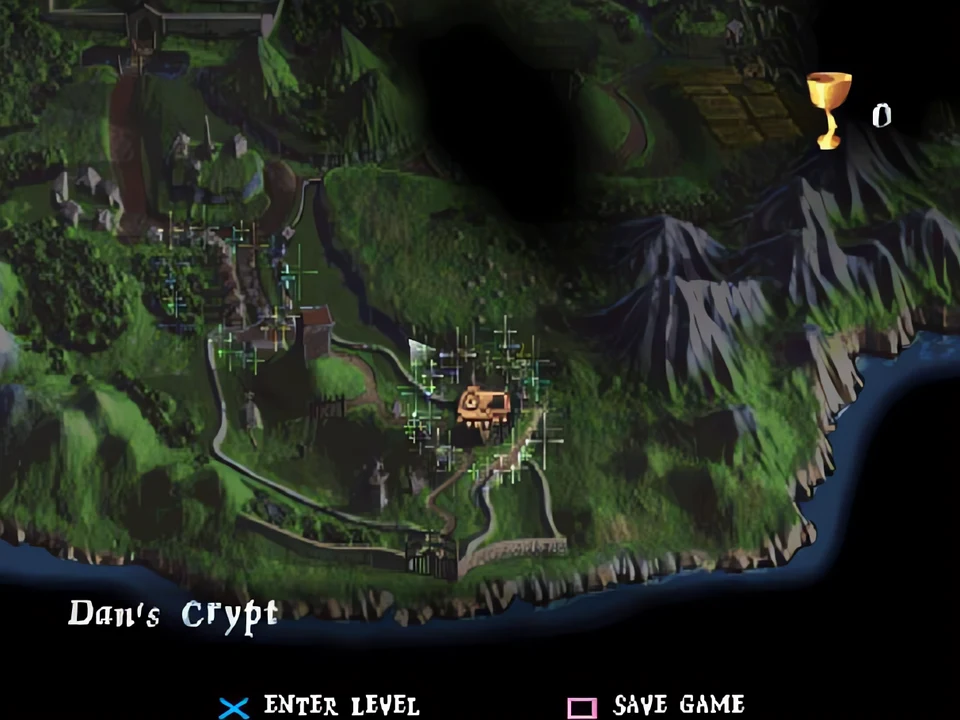 MediEvil PS1: the Gallowmere map Map of the kingdom of Gallowmere with the Dan crypt selected in MediEvil