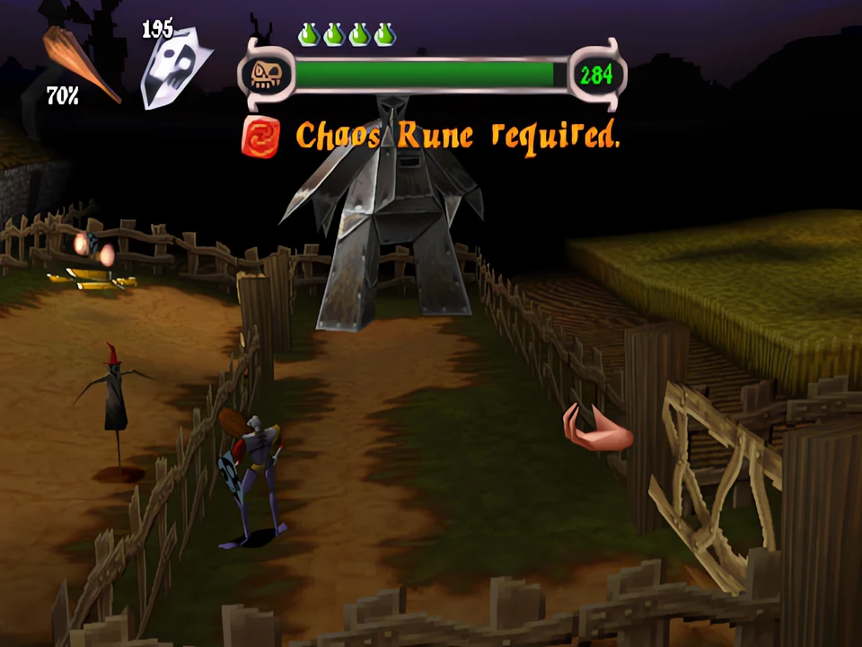 MediEvil PS1: the fields of horror Sir Daniel in the fields of MediEvil, in front of a door that requires a rune