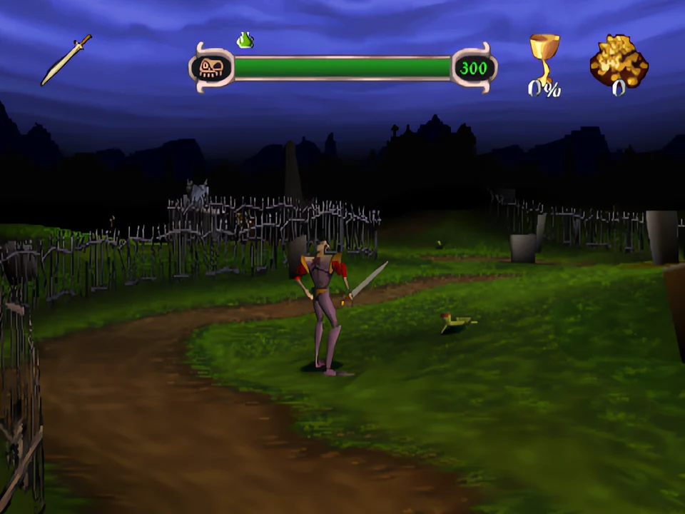 MediEvil PS1: The path to the cemetery Sir Daniel, sword in hand, on a dirt path in Gallowmere Cemetery