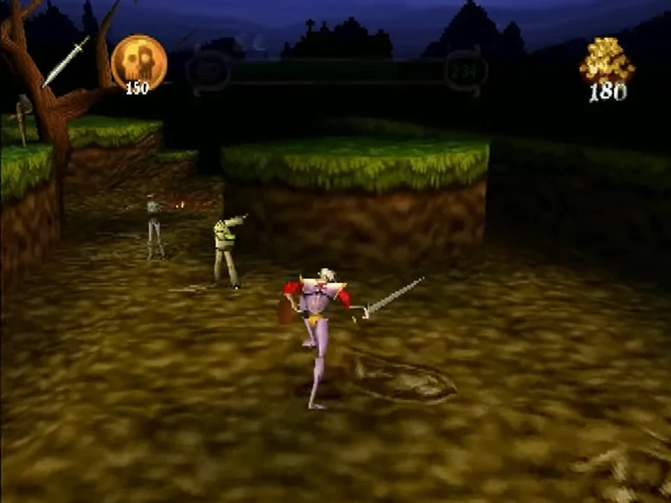 MediEvil PS1: combat in the cemetery Sir Daniel, sword drawn, facing zombies in the cemetery of MediEvil on PS1