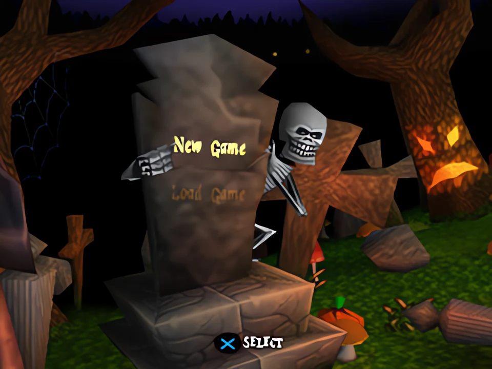MediEvil PS1: the title screen Title screen of MediEvil on PS1 with a gravestone and a skeleton