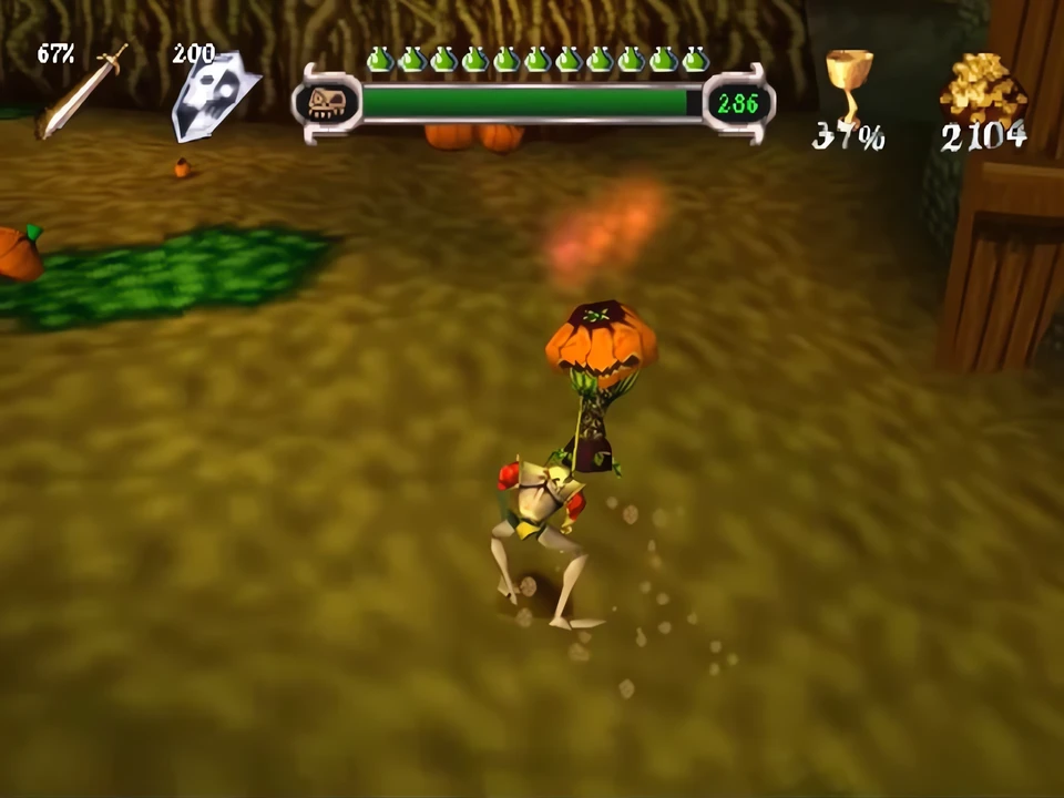 The interface of MediEvil on PS1: weapon, shield, life potions, life bar, chalice and gold