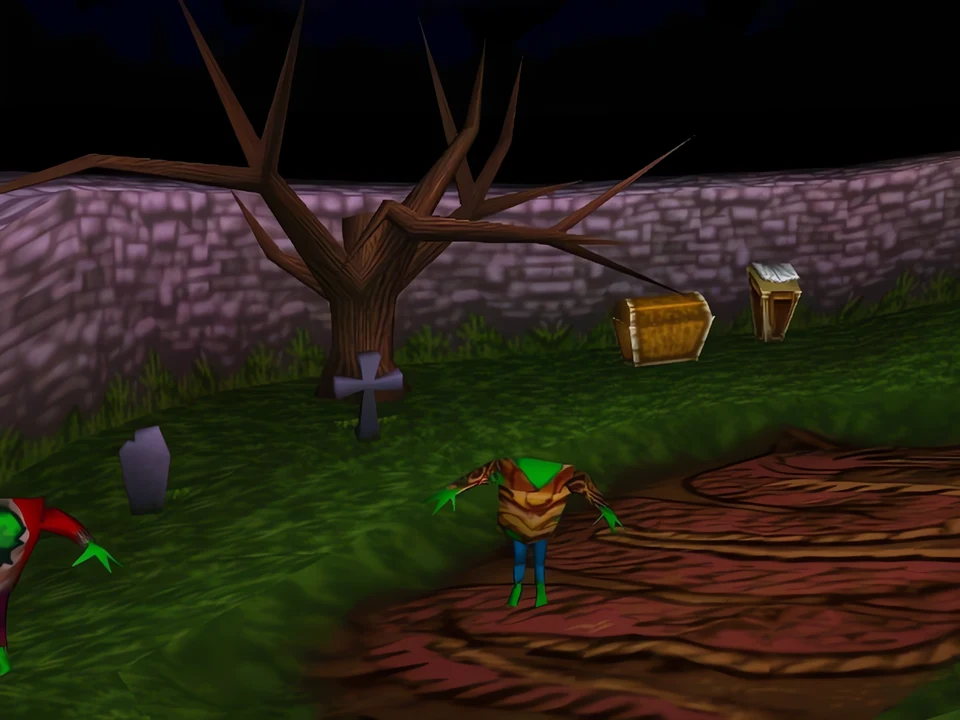 MediEvil (PS1) – Cemetery Hill (3) The zombies roam among the dead trees of the hill – the Cemetery Hill level of MediEvil (PS1)