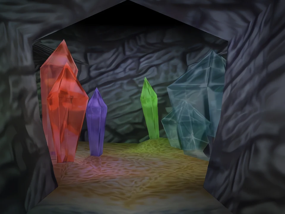 MediEvil (PS1) – The Crystal Caves (3) Red and green crystals planted in the rock – level The Crystal Caves in MediEvil (PS1)