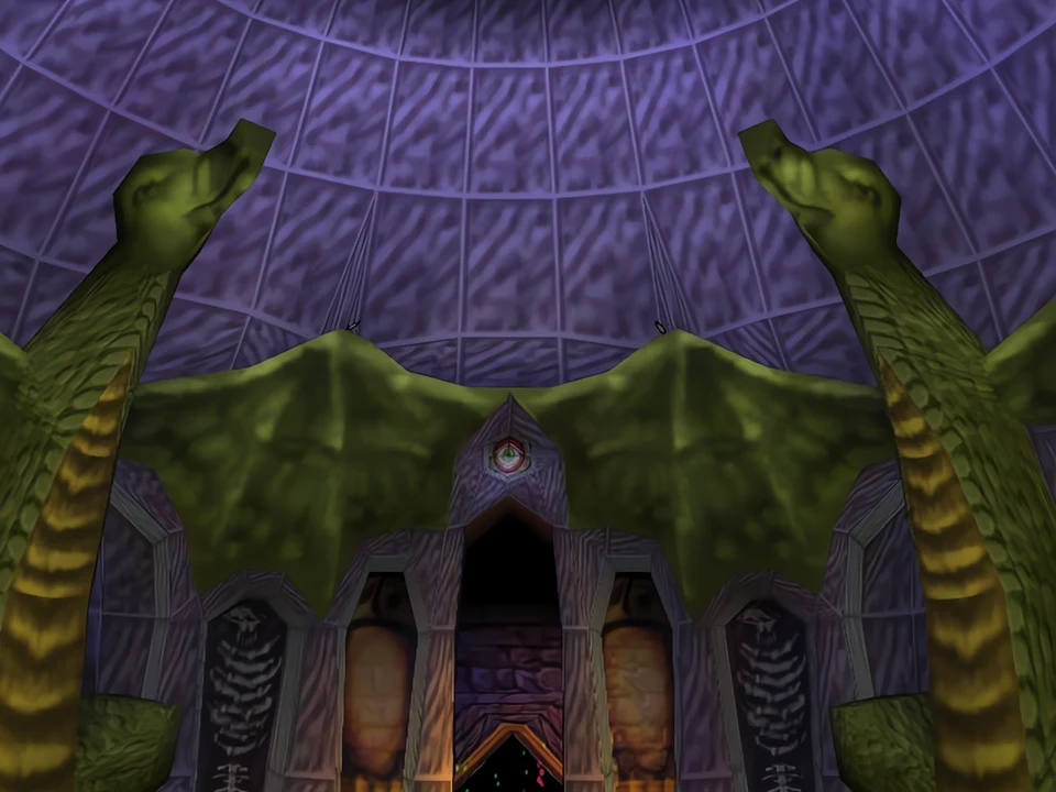 MediEvil (PS1) – The Entrance Hall (2) Dragon-shaped gargoyles above a door – level The Entrance Hall in MediEvil (PS1)