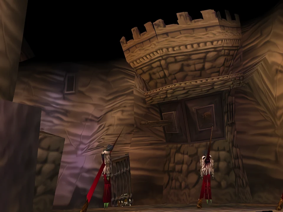 MediEvil (PS1) – The Gallows Gauntlet (2) The walls, guarded by the soldiers of Zarok – level The Gallows Gauntlet in MediEvil (PS1)