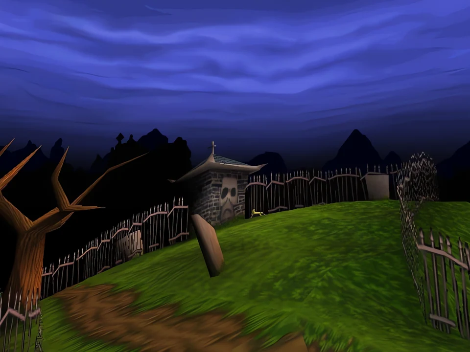 MediEvil (PS1) – The Graveyard (3) The cemetery at dusk, under a purple sky – level The Graveyard in MediEvil (PS1)