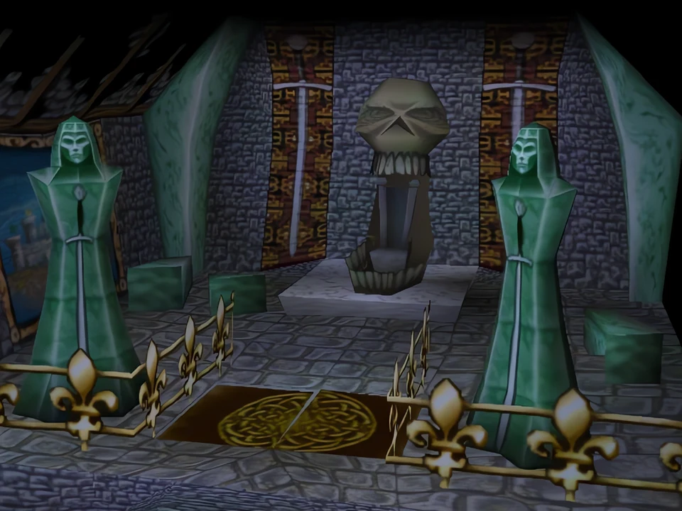 MediEvil (PS1) – The Haunted Ruins (2) Two green statues frame a door – level The Haunted Ruins in MediEvil (PS1)