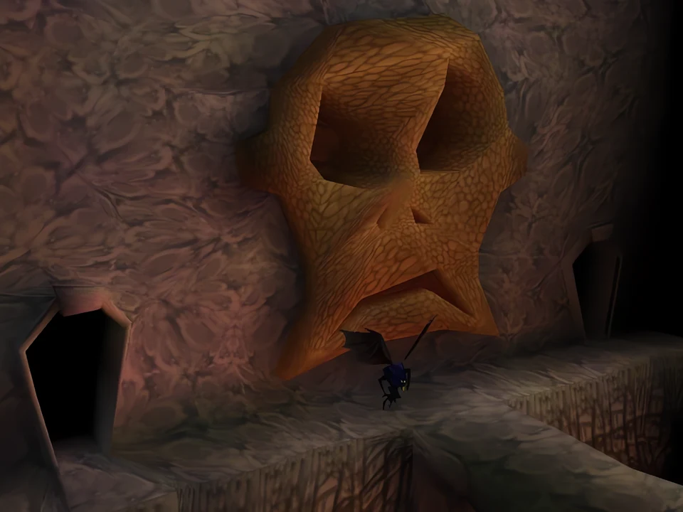 MediEvil (PS1) – The Haunted Ruins (3) A cliff carved in the shape of a skull – level The Haunted Ruins in MediEvil (PS1)