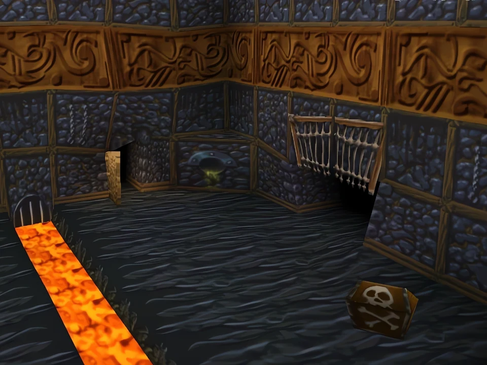 MediEvil (PS1) – Inside the Asylum (2) A room crossed by a lava flow – level Inside the Asylum in MediEvil (PS1)