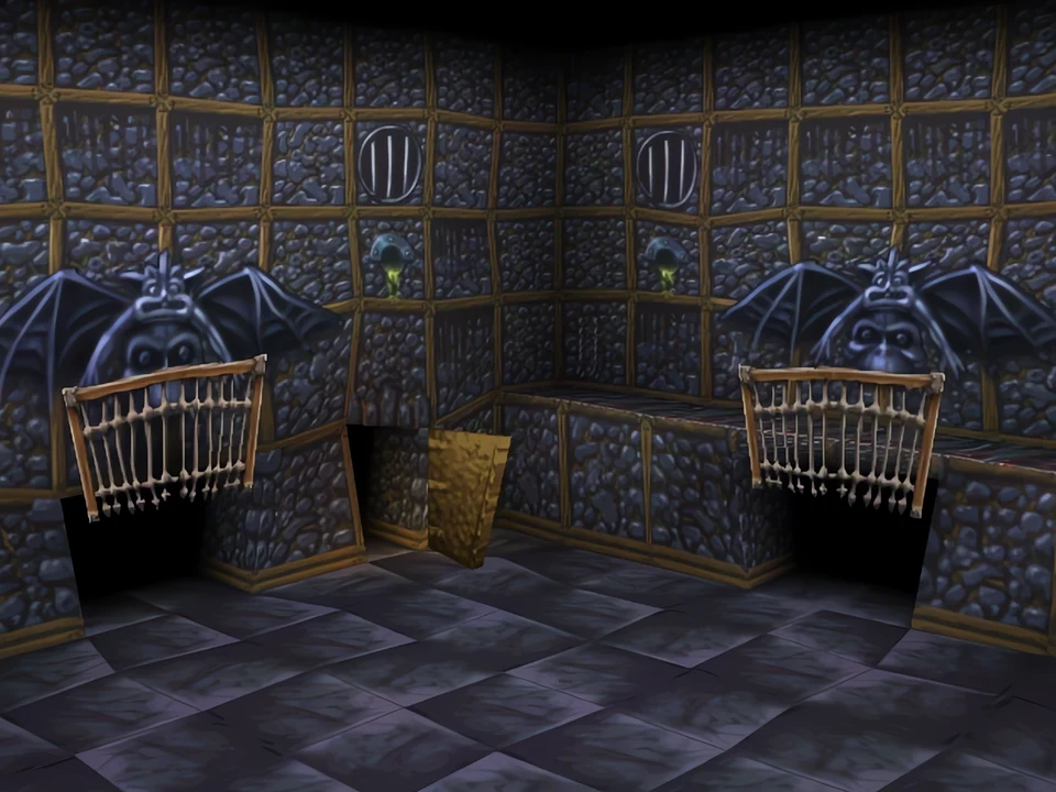MediEvil (PS1) – Inside the Asylum (3) Winged gargoyles watch over the cells – level Inside the Asylum in MediEvil (PS1)