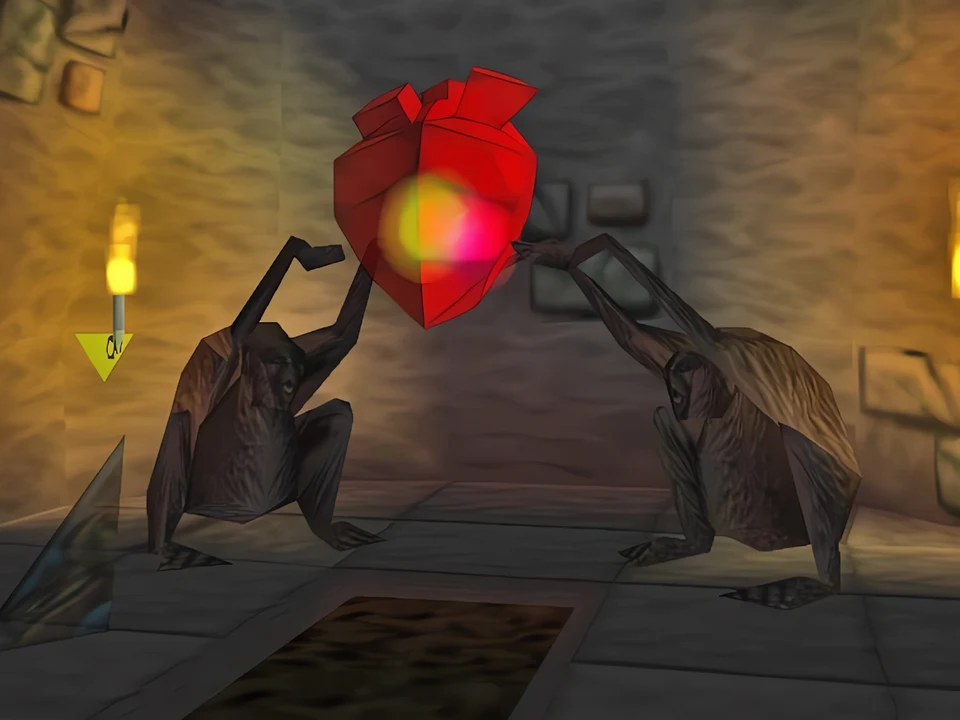 MediEvil (PS1) – The Hilltop Mausoleum (2) Beneath the mausoleum, Dan breaks the glass heart that holds the demon's soul – level The Hilltop Mausoleum in MediEvil (PS1)